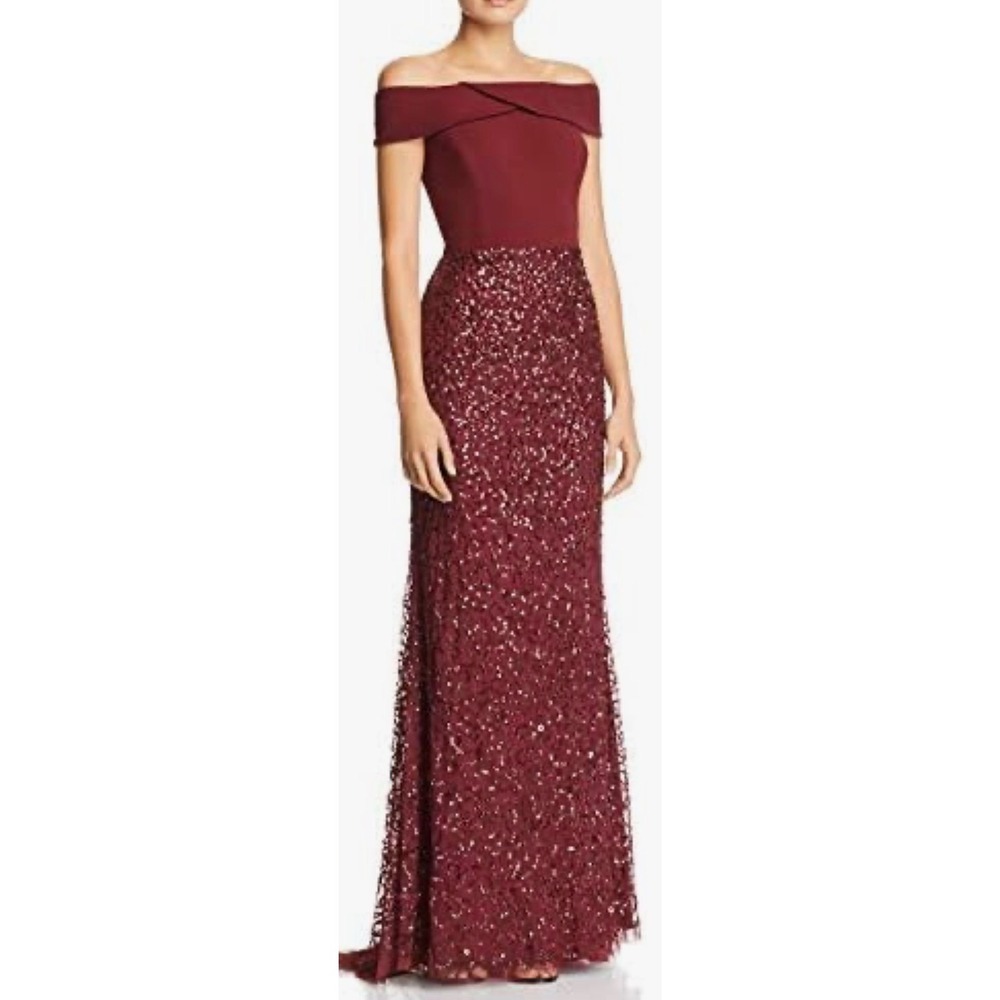 NWT Adrianna Papell Off Shoulder Sequin Gown Deep Wine Burgundy 14 Formal